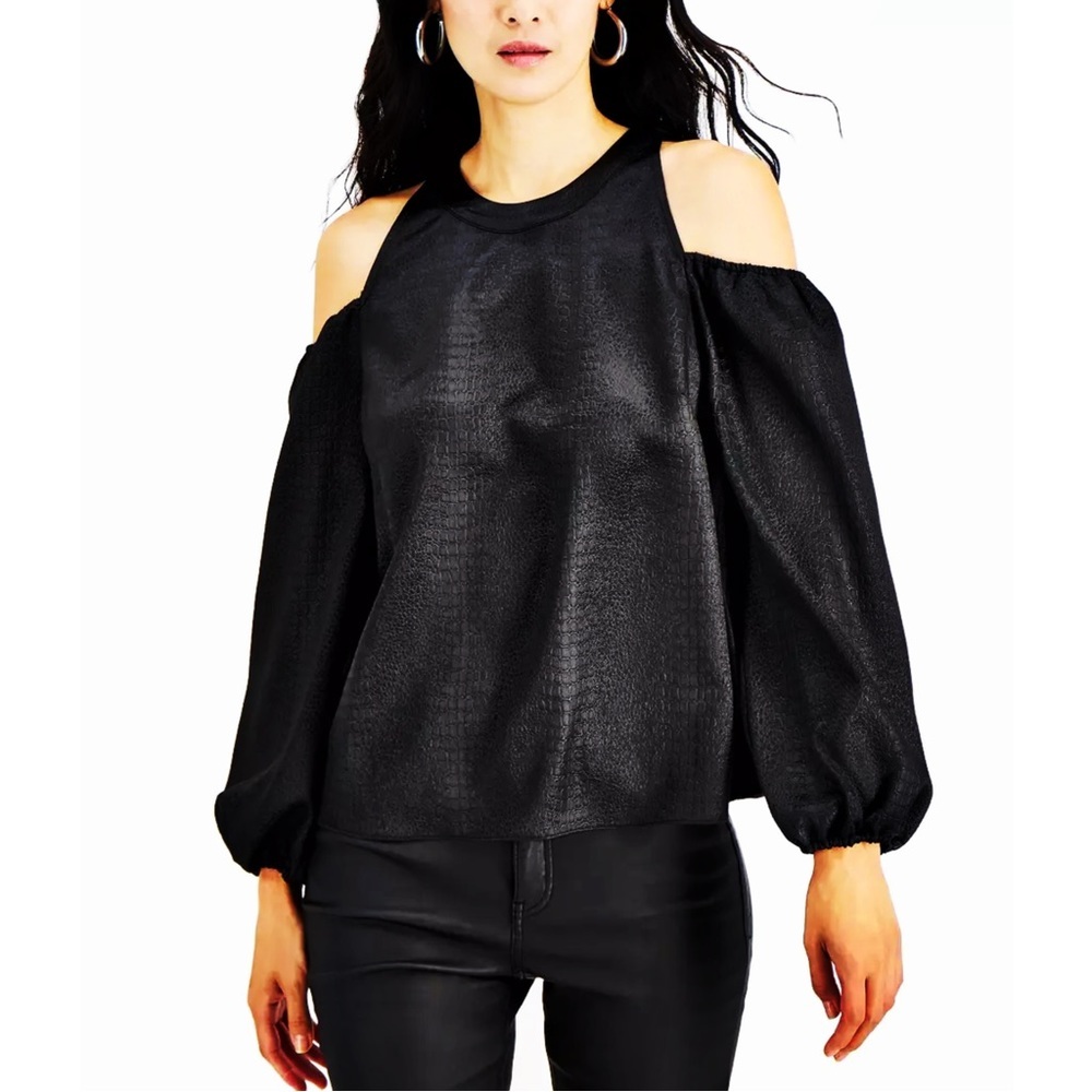 INC International Concepts Women's Black Animal Print Cold Shoulder Blouse
